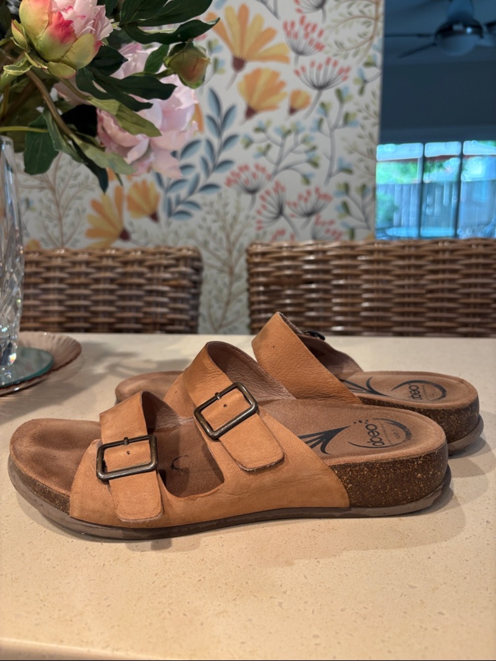 Abeo “Blythe” Double Strap Leather Cork Footbed Slide - Size 8.5